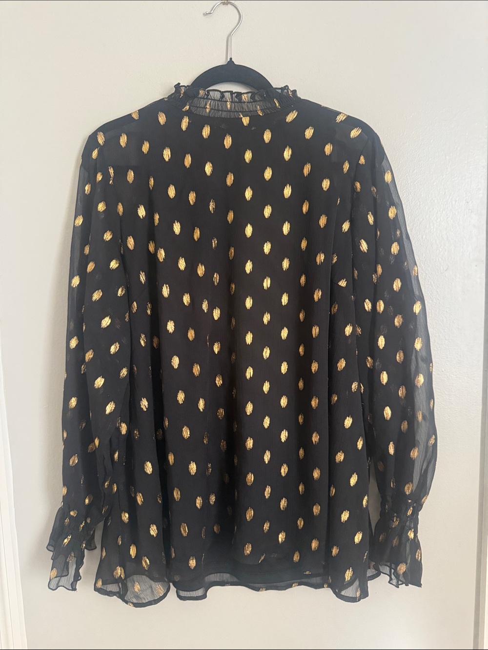 Lane Bryant Black Sheer Blouse with Gold Dot Pattern